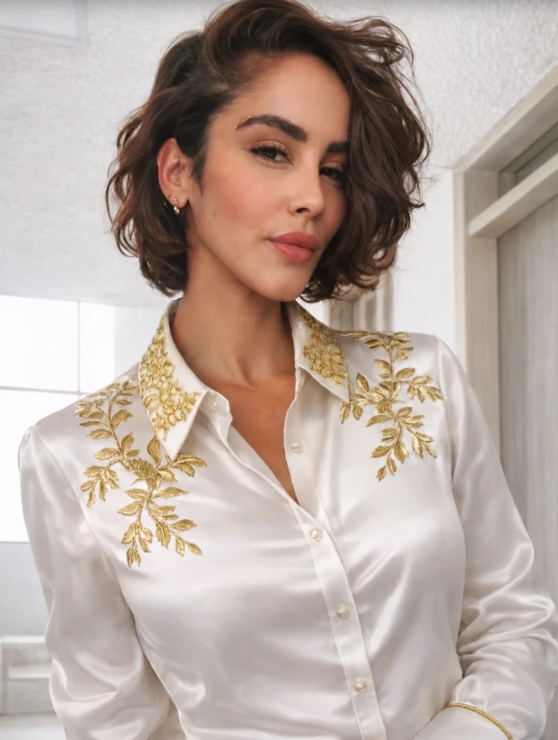 Retrato de Anaid Chacin con camisa blanca bordada en dorado